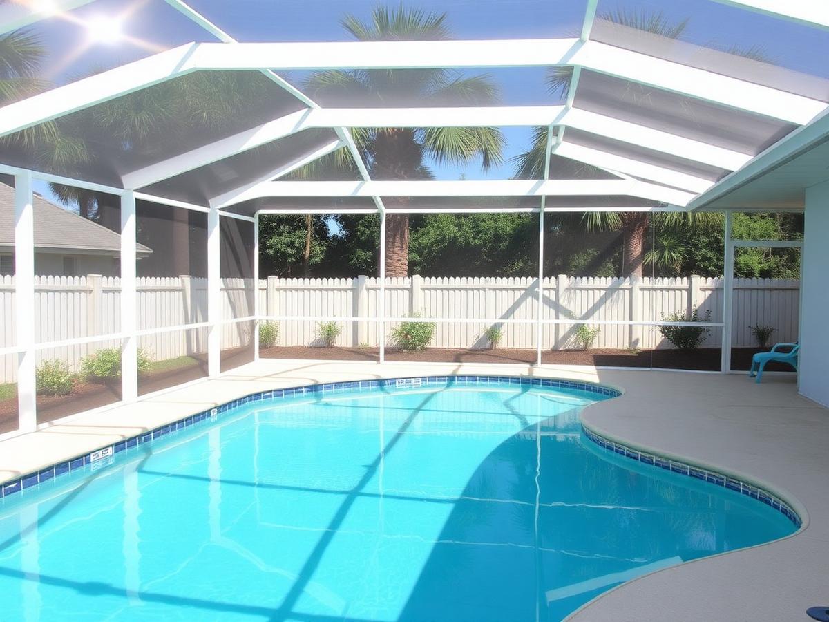 Storm-damaged pool cage after repair