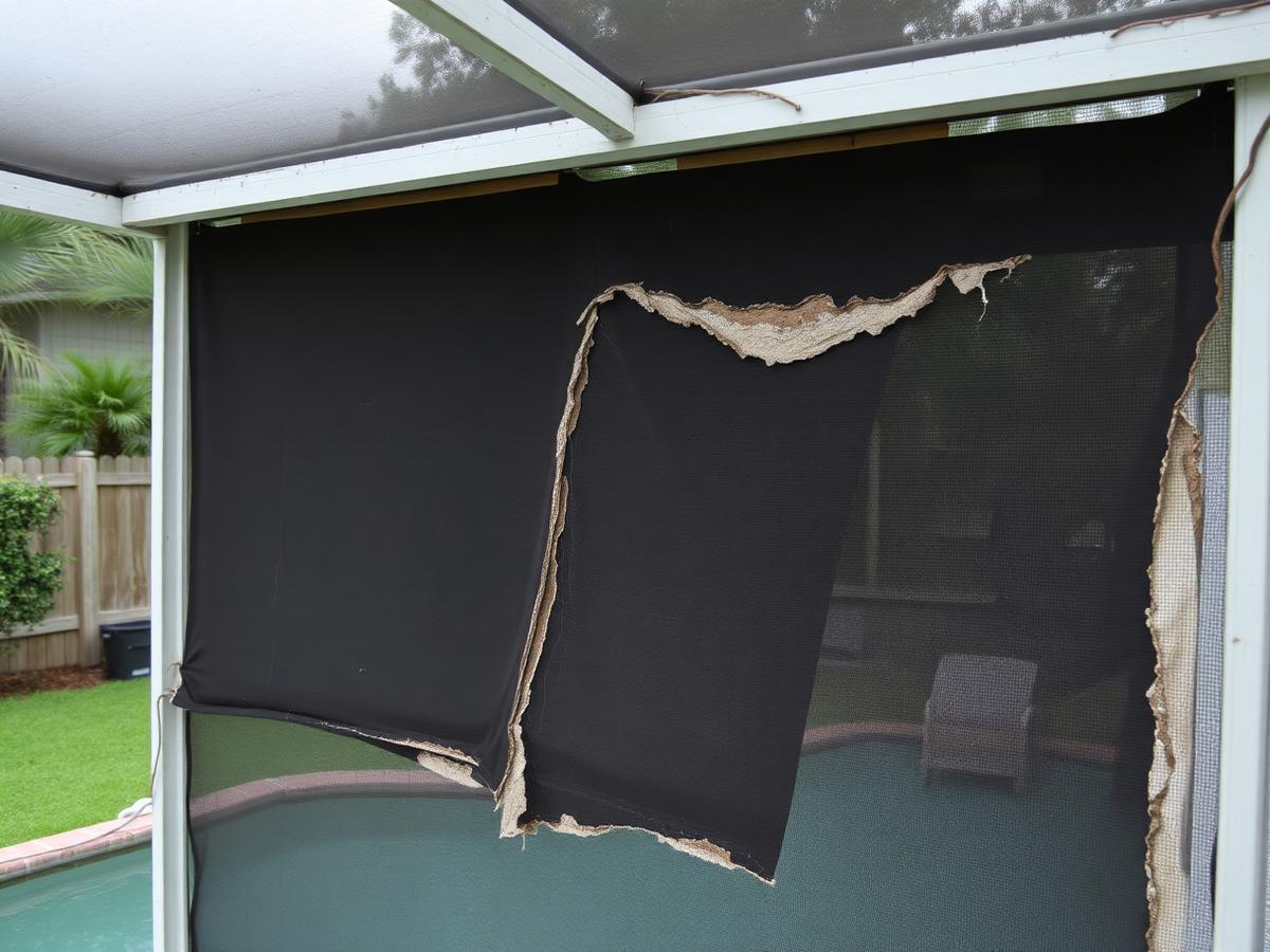 Storm-damaged pool cage before repair
